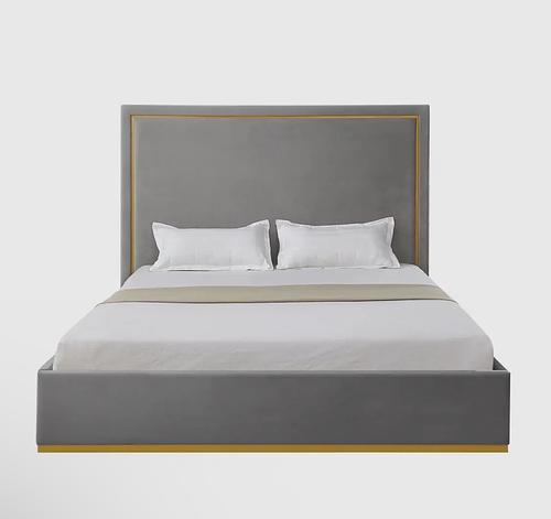 KING- Addalyn Grey Velvet Platform Bed w/Gold Trim